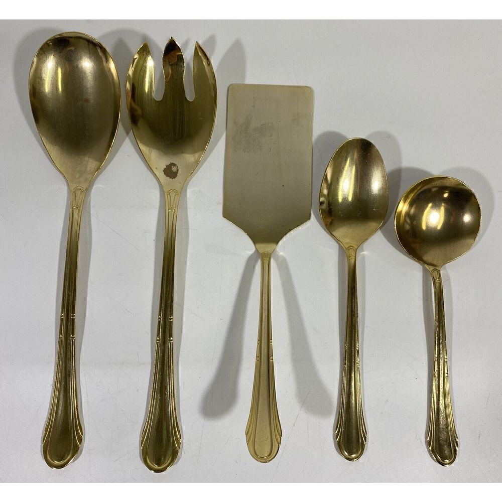 Vintage Hampton Silversmiths Gold Serving Silverware Set Salad Spoons Spatula
